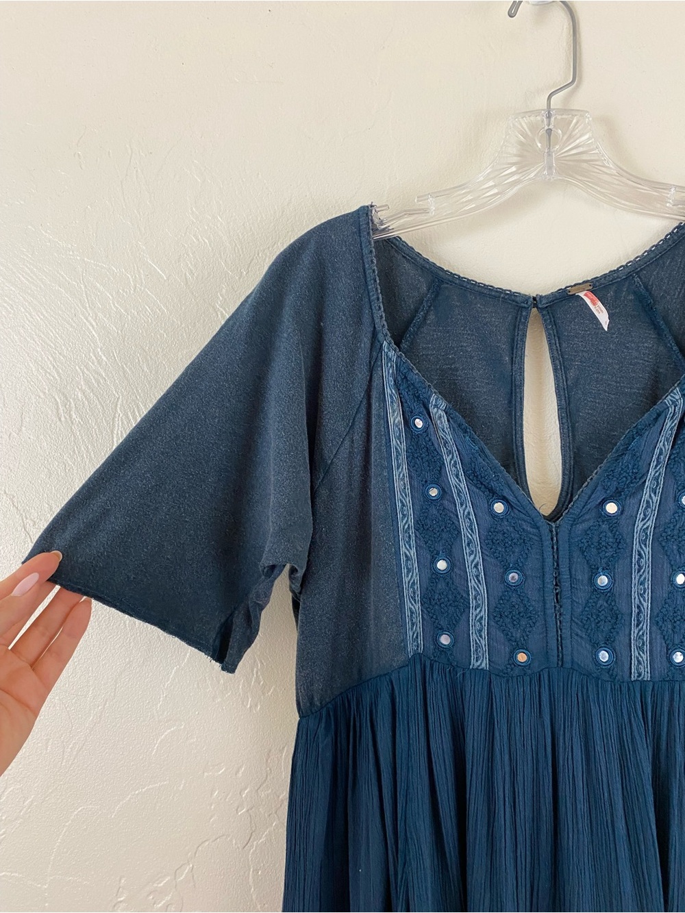 Free People Size Small Navy Blue Cotton Jersey Knit Embellished Flowy Midi Dress - Picture 3 of 7